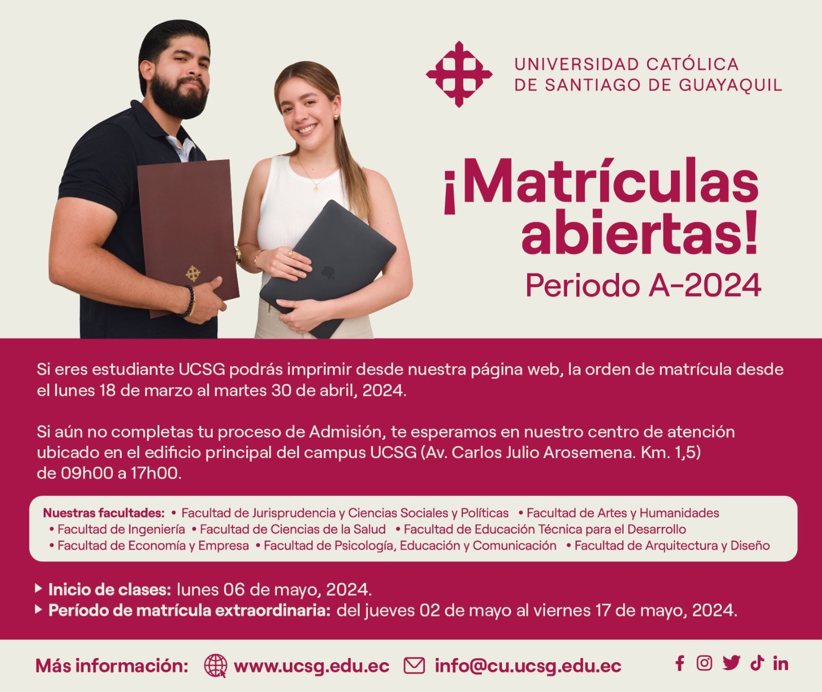 Matriculas abiertas para el Periodo A-2024 - Foto UCSG